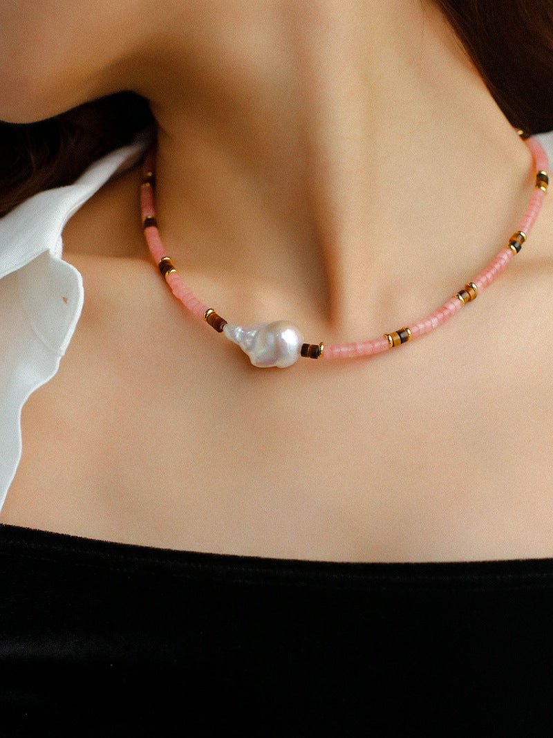 Pink Quartz Baroque Pearl Bead Necklace - floysun