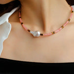 Pink Quartz Baroque Pearl Bead Necklace - floysun