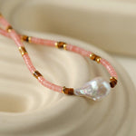 Pink Quartz Baroque Pearl Bead Necklace - floysun