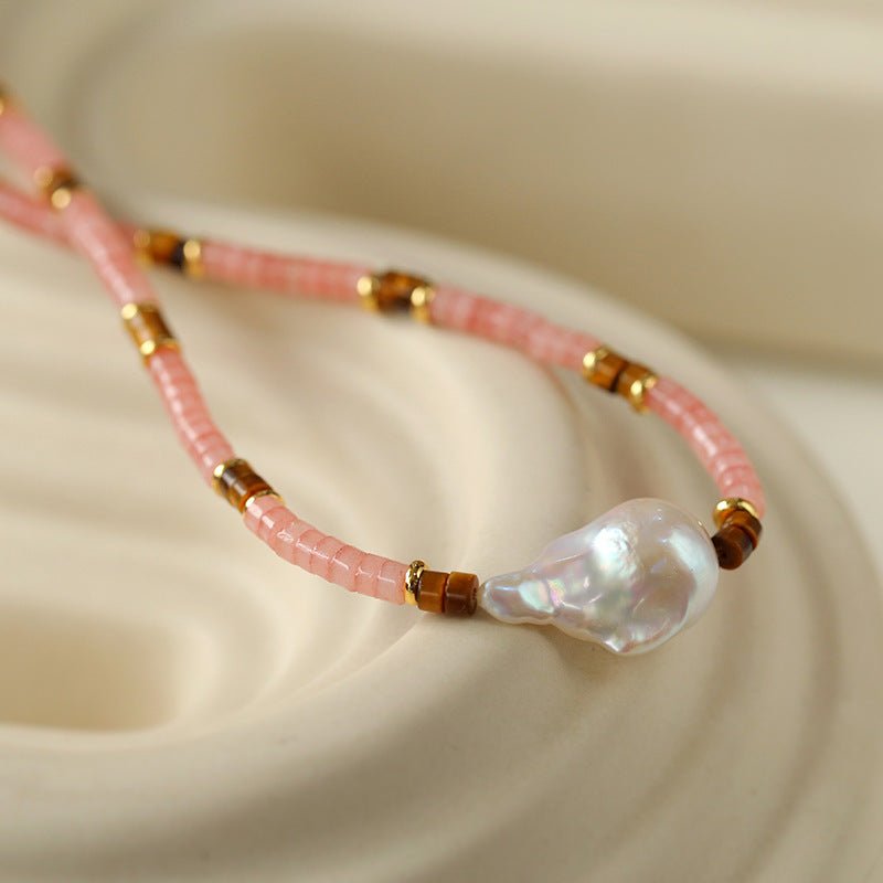 Pink Quartz Baroque Pearl Bead Necklace - floysun