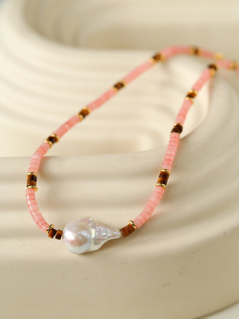 Pink Quartz Baroque Pearl Bead Necklace - floysun