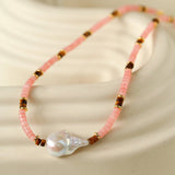 Pink Quartz Baroque Pearl Bead Necklace - floysun