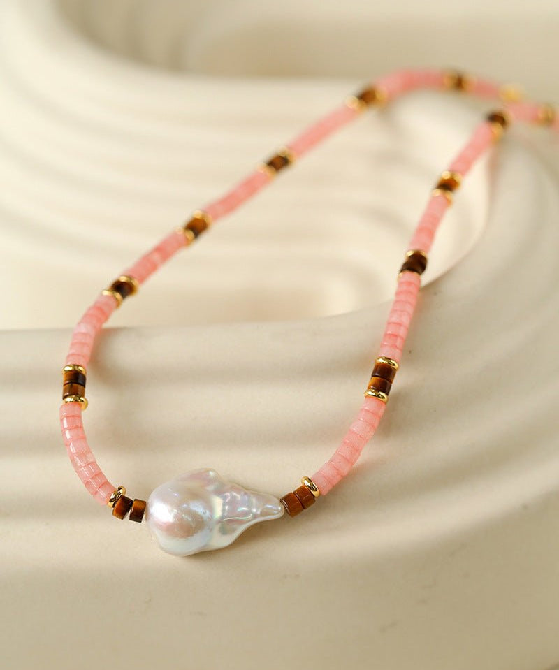 Pink Quartz Baroque Pearl Bead Necklace - floysun