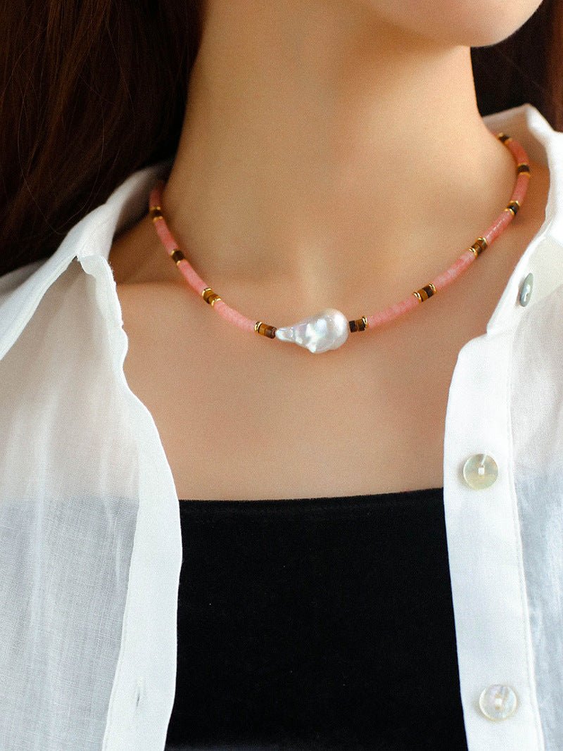 Pink Quartz Baroque Pearl Bead Necklace - floysun