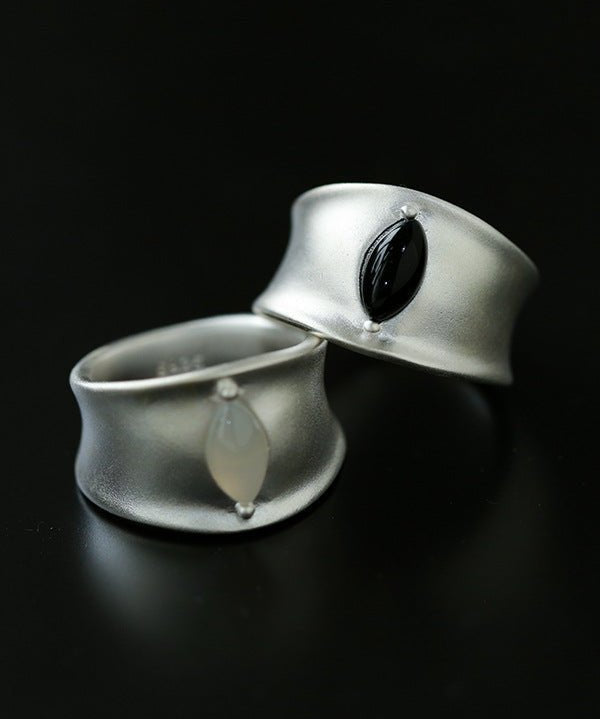 Pure Silver Black Hole Ring - Black Onyx/White Chalcedony - floysun