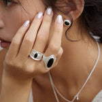 Pure Silver Black Hole Ring - Black Onyx/White Chalcedony - floysun