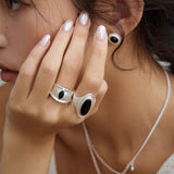 Pure Silver Black Hole Ring - Black Onyx/White Chalcedony - floysun