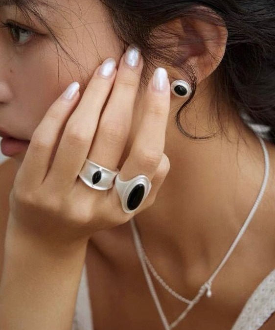 Pure Silver Black Hole Ring - Black Onyx/White Chalcedony - floysun