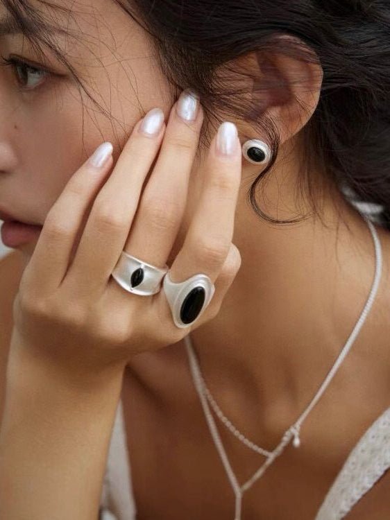 Pure Silver Black Hole Ring - Black Onyx/White Chalcedony - floysun