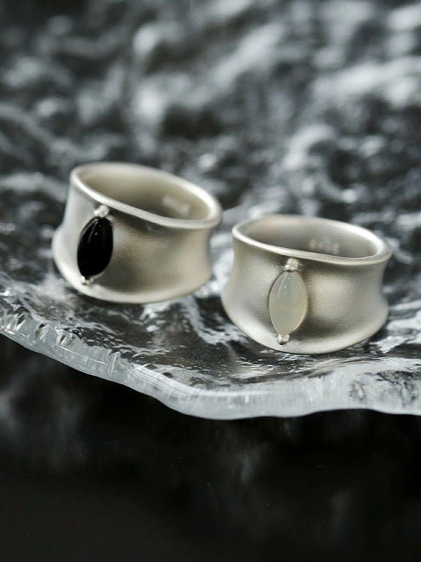 Pure Silver Black Hole Ring - Black Onyx/White Chalcedony - floysun