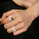 Pure Silver Satellite Ring - White Chalcedony/Black Onyx - floysun