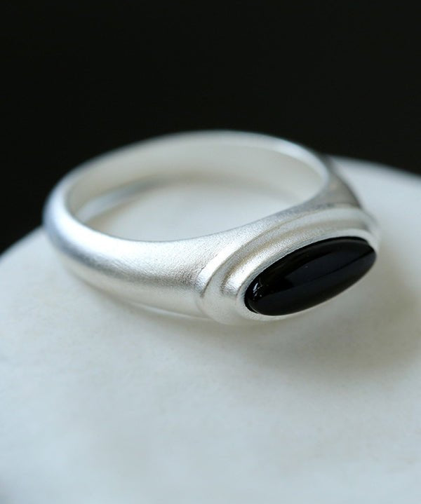 Pure Silver Satellite Ring - White Chalcedony/Black Onyx - floysun