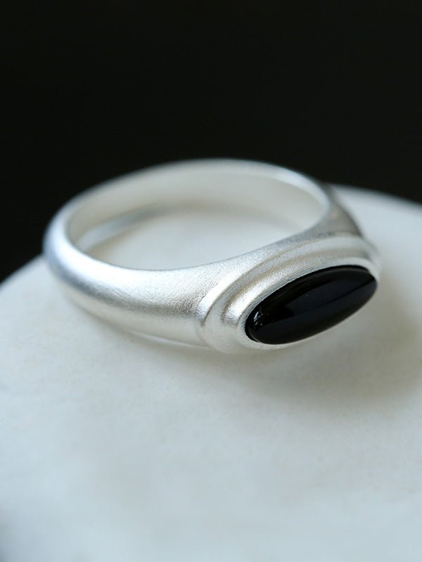 Pure Silver Satellite Ring - White Chalcedony/Black Onyx - floysun