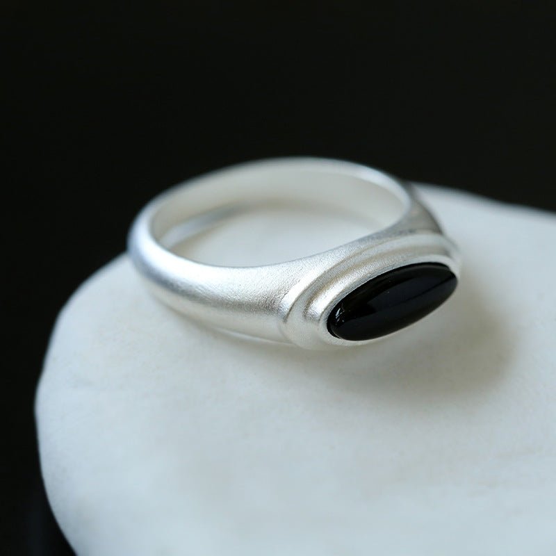 Pure Silver Satellite Ring - White Chalcedony/Black Onyx - floysun