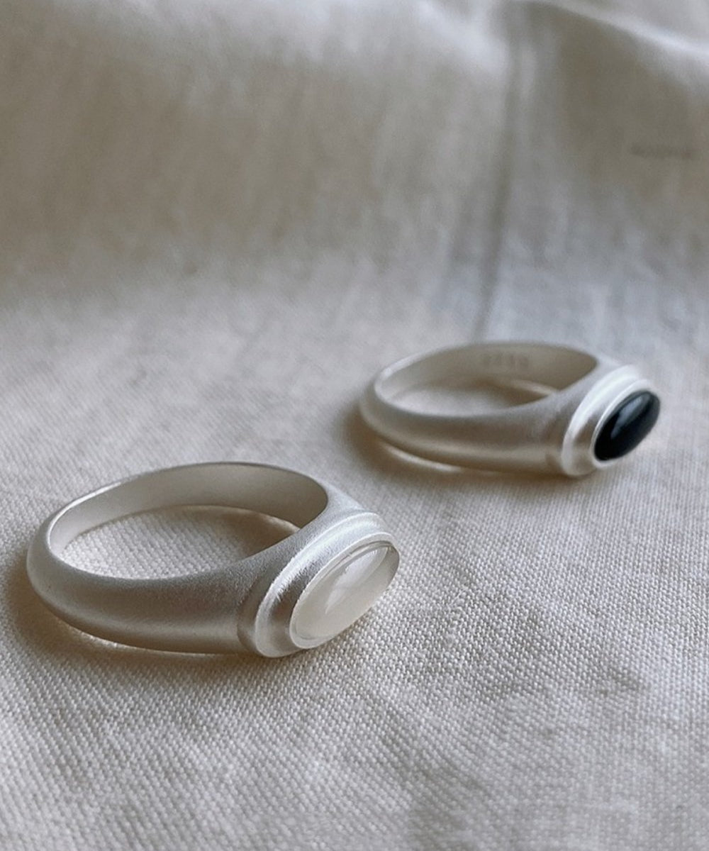 Pure Silver Satellite Ring - White Chalcedony/Black Onyx - floysun