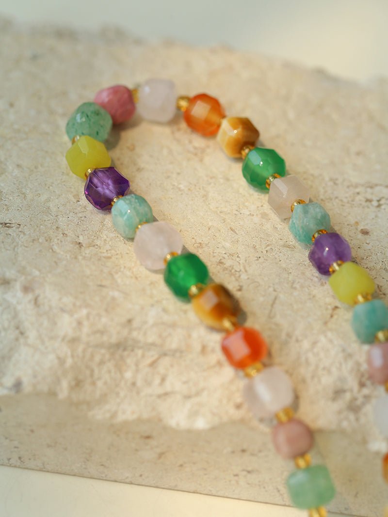 Rainbow Candy Cube Gemstone Beaded Necklace - floysun