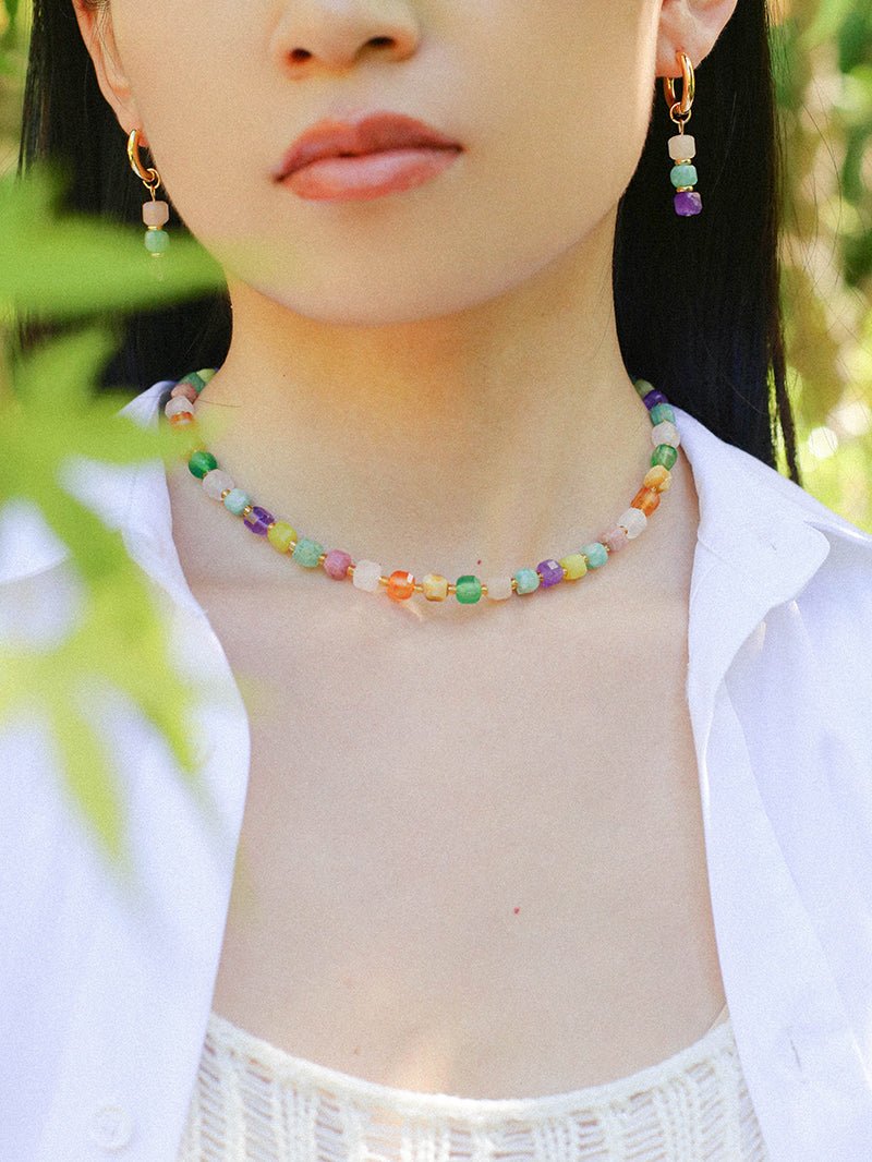 Rainbow Candy Cube Gemstone Beaded Necklace - floysun