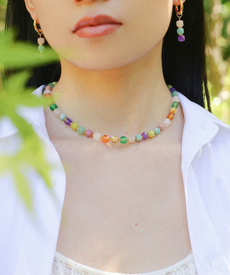 Rainbow Candy Cube Gemstone Beaded Necklace - floysun