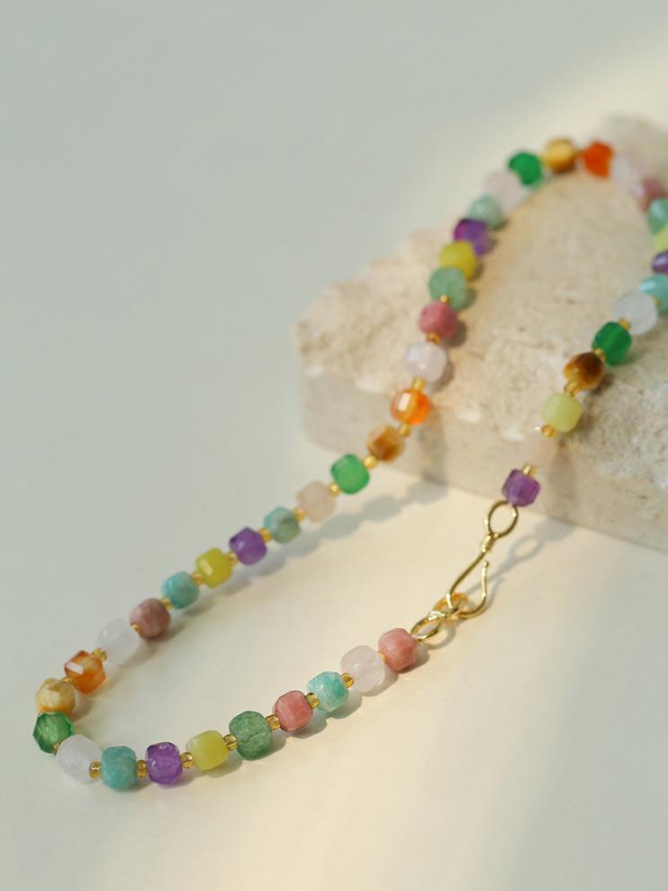 Rainbow Candy Cube Gemstone Beaded Necklace - floysun