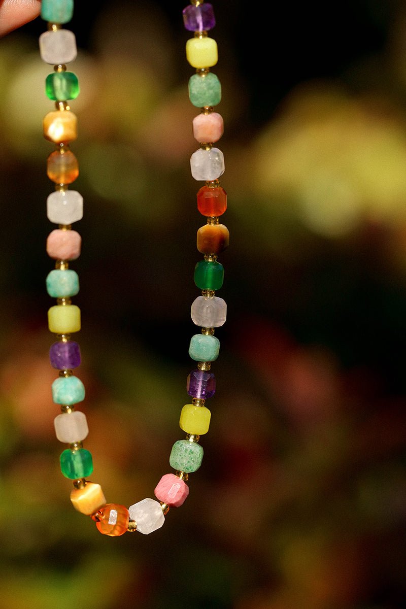 Rainbow Candy Cube Gemstone Beaded Necklace - floysun