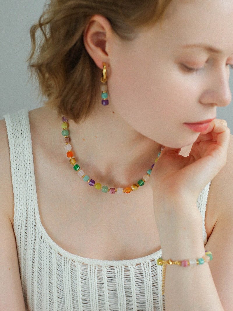 Rainbow Candy Cube Gemstone Beaded Necklace - floysun