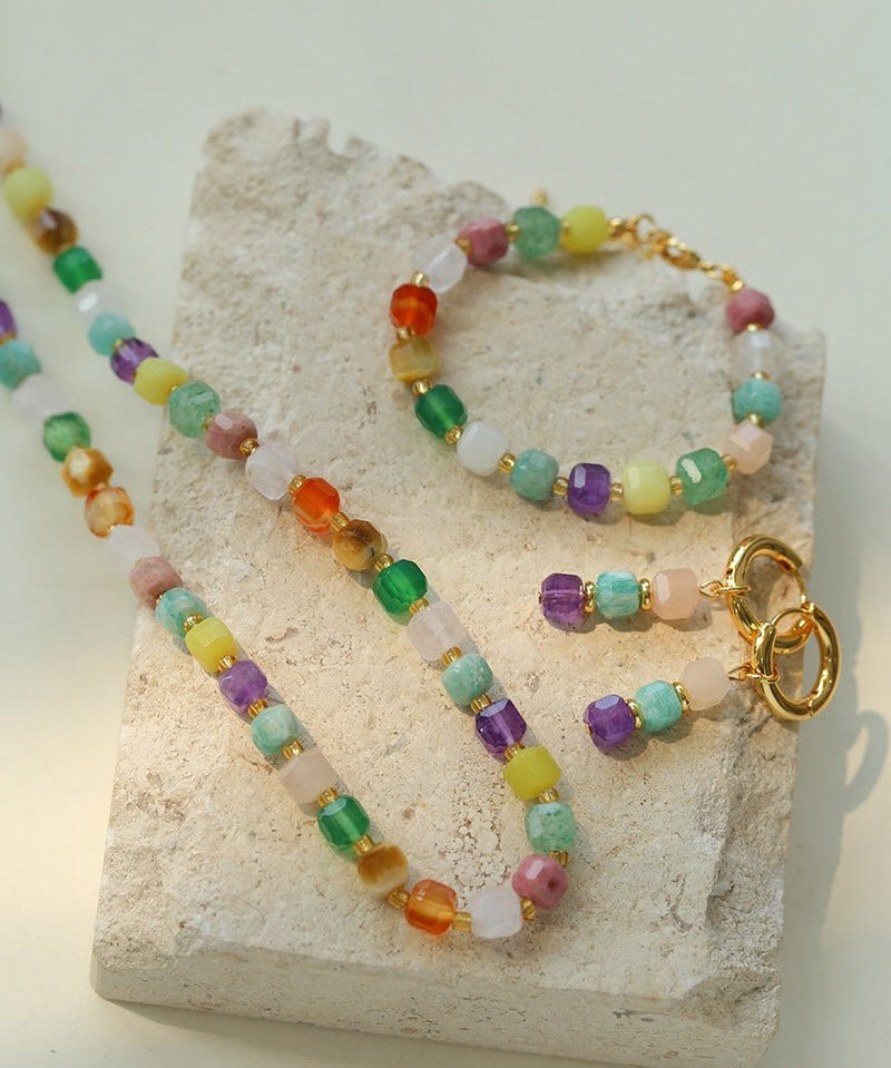 Rainbow Candy Cube Gemstone Beaded Necklace - floysun