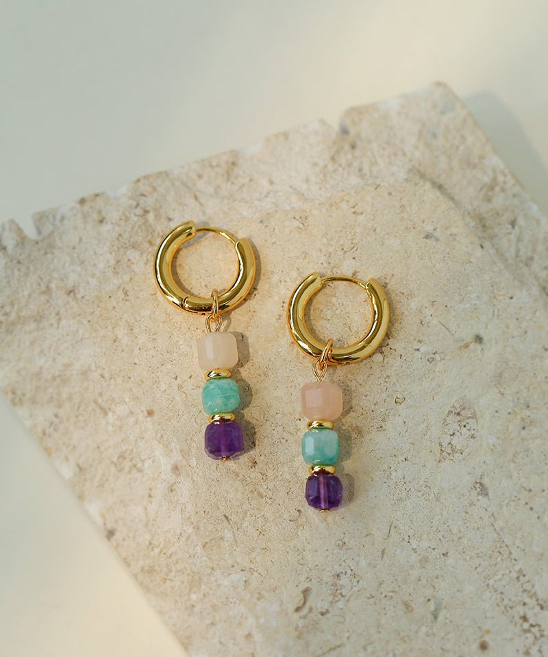 Rainbow Candy Cube Gemstone Drop Hoop Earrings - floysun