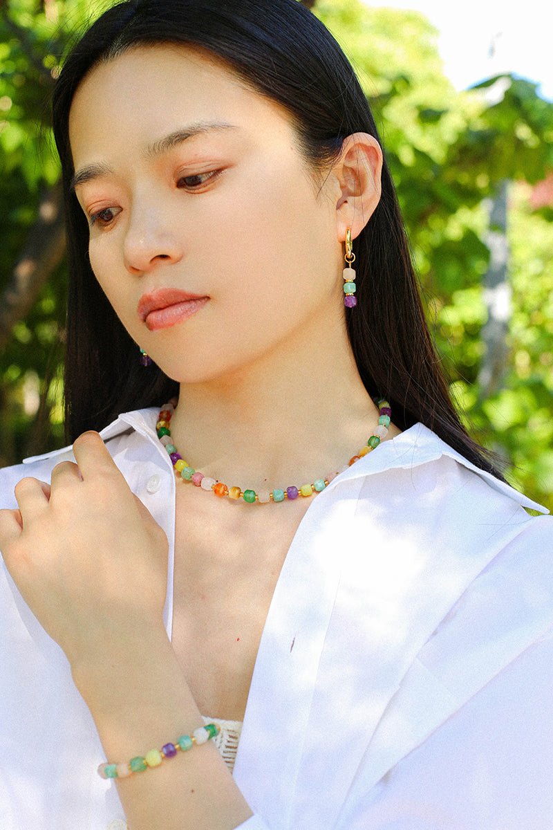 Rainbow Candy Cube Gemstone Drop Hoop Earrings - floysun