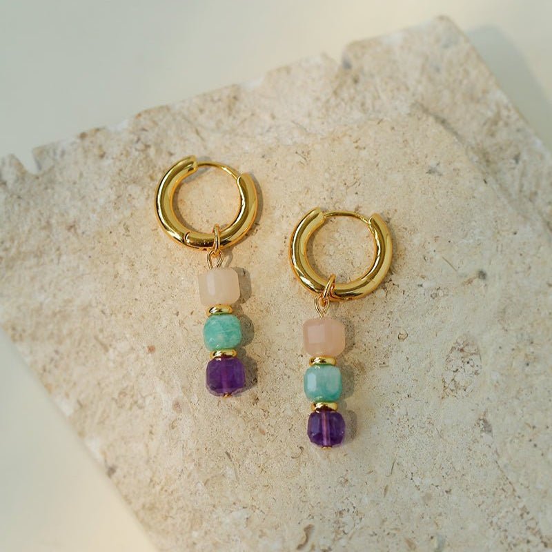 Rainbow Candy Cube Gemstone Drop Hoop Earrings - floysun