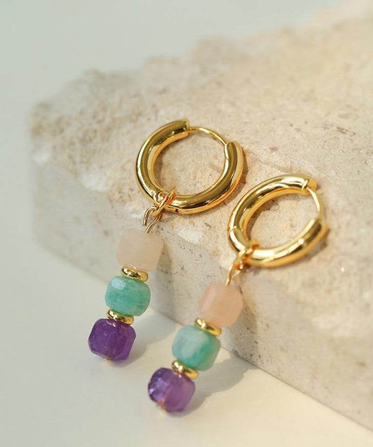 Rainbow Candy Cube Gemstone Drop Hoop Earrings - floysun