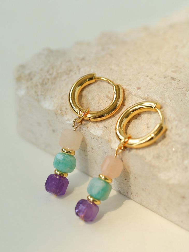 Rainbow Candy Cube Gemstone Drop Hoop Earrings - floysun