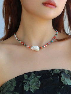 Rainbow Stone Baroque Pearl Necklace - floysun