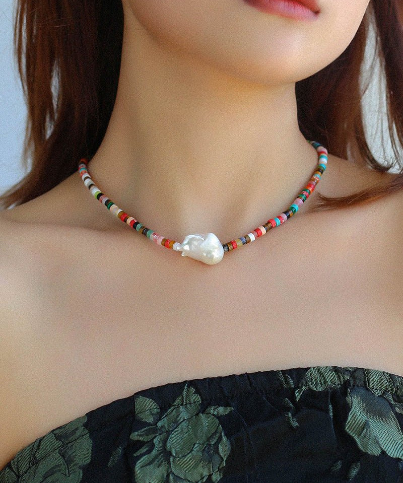 Rainbow Stone Baroque Pearl Necklace - floysun