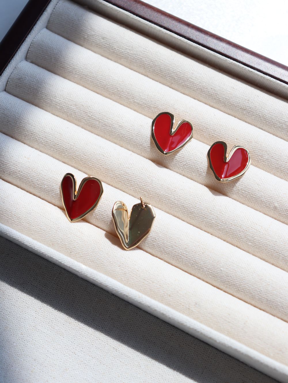 Red Enamel Glaze Folded Love Hearts Stud Earrings - floysun