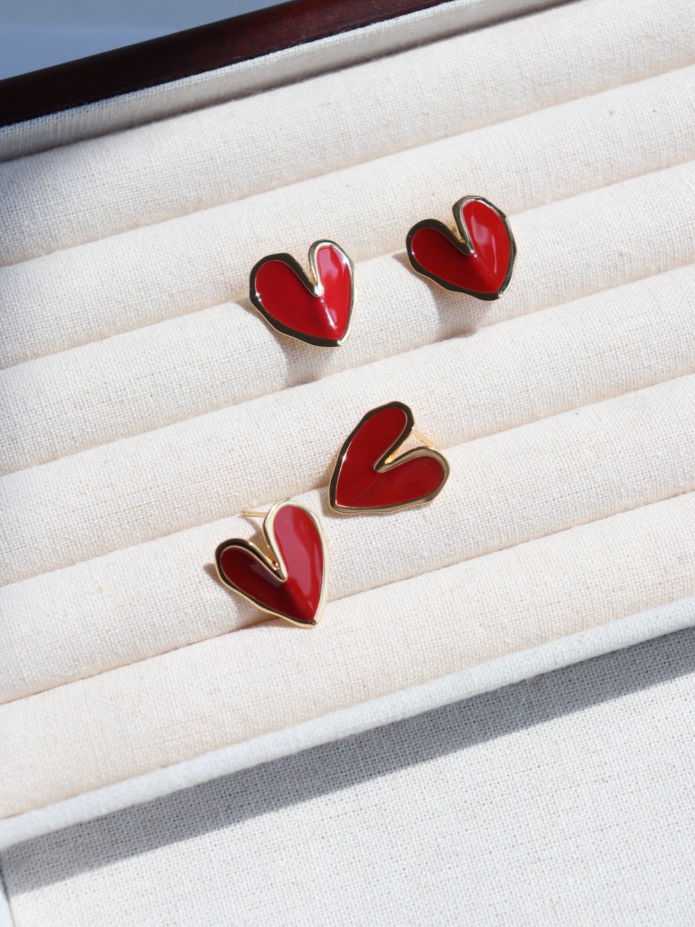 Red Enamel Glaze Folded Love Hearts Stud Earrings - floysun