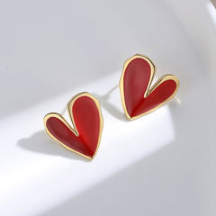 Red Enamel Glaze Folded Love Hearts Stud Earrings - floysun