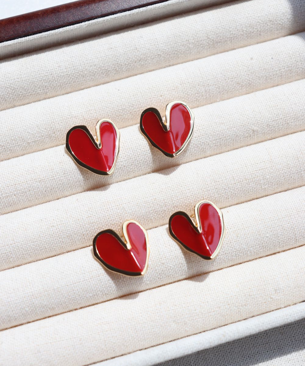 Red Enamel Glaze Folded Love Hearts Stud Earrings - floysun