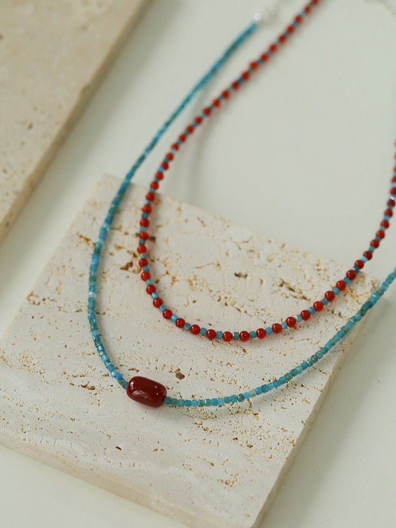 Red Onyx Splicing Blue Phosphorus Beaded Necklace - floysun