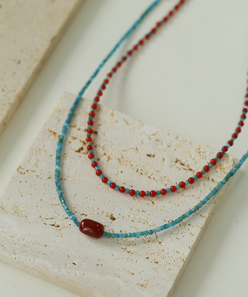 Red Onyx Splicing Blue Phosphorus Beaded Necklace - floysun