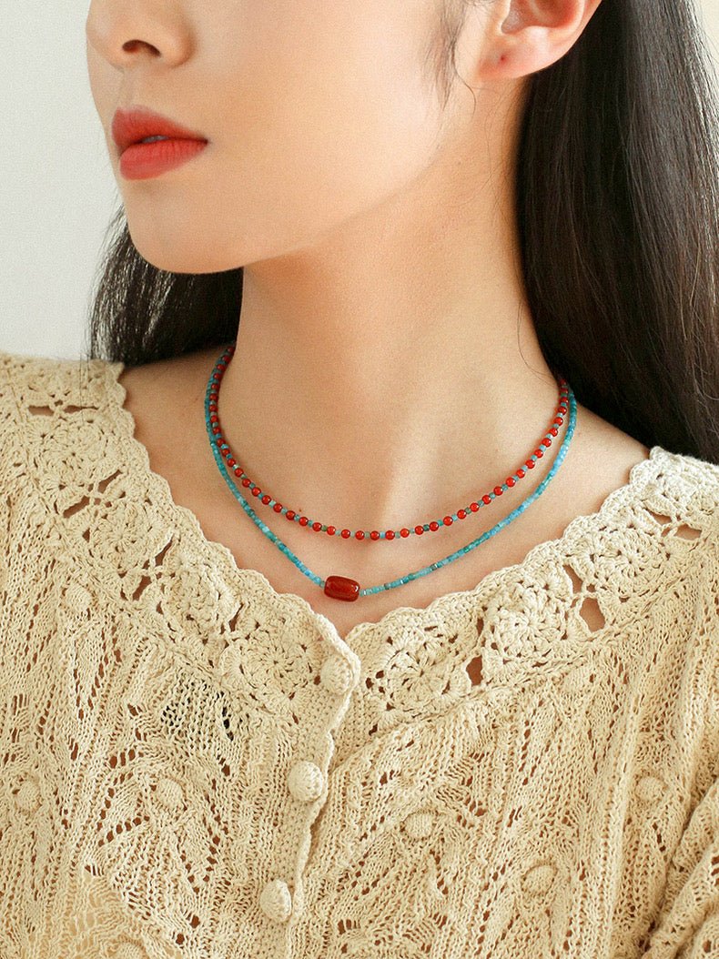 Red Onyx Splicing Blue Phosphorus Beaded Necklace - floysun