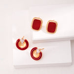 Red Rectangular Sterling Silver Drip Glaze Earrings - floysun