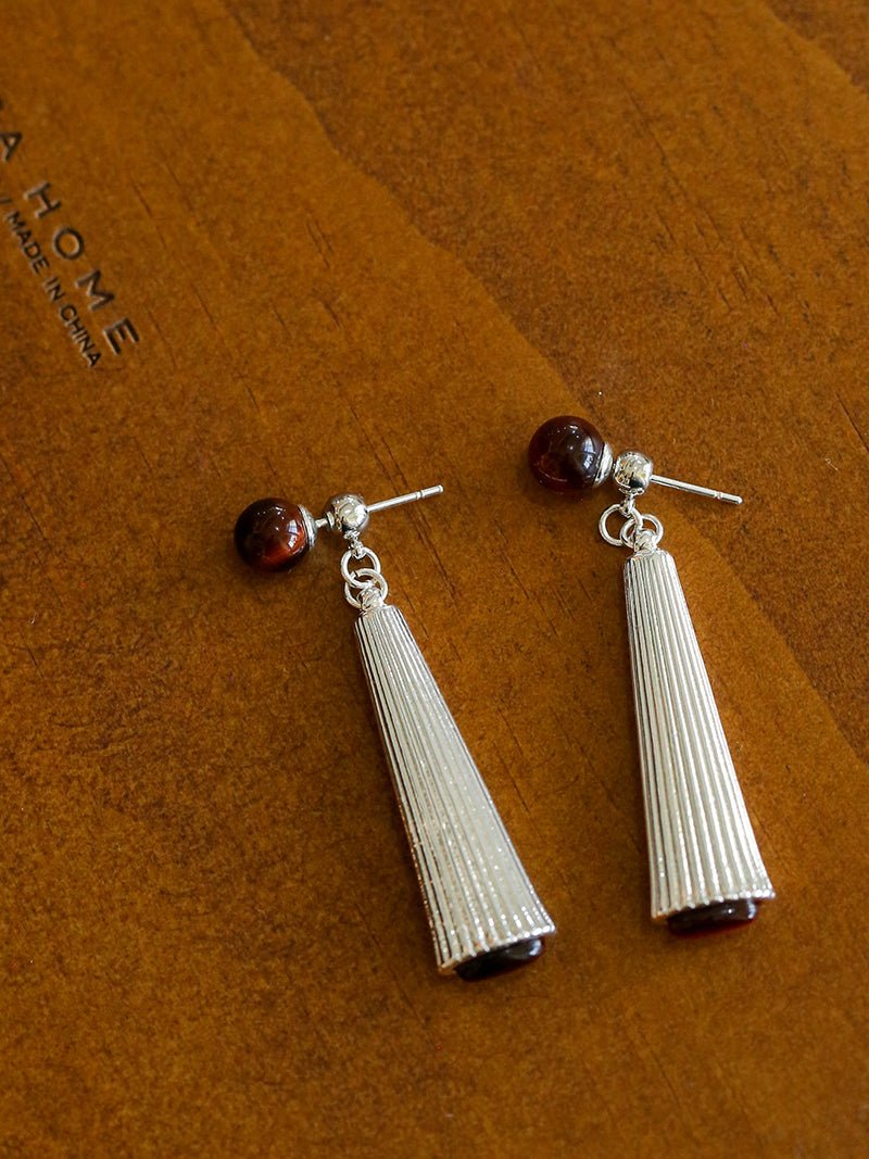 Red Tiger Eye Striped Metal Earrings - floysun