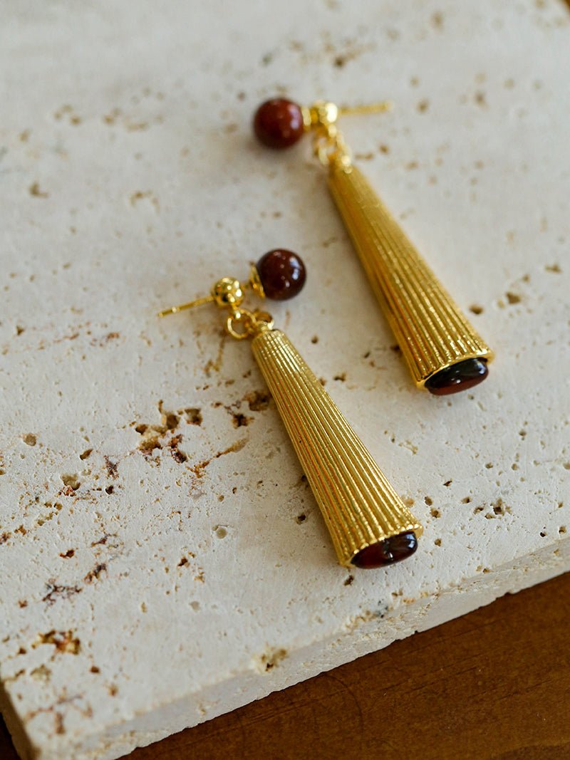 Red Tiger Eye Striped Metal Earrings - floysun