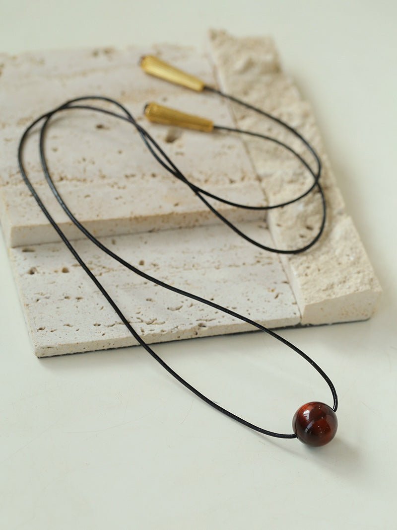 Red Tiger's Eye Pendant Necklace with Black Cord - floysun