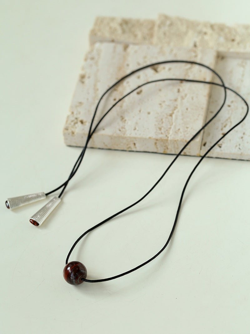 Red Tiger's Eye Pendant Necklace with Black Cord - floysun