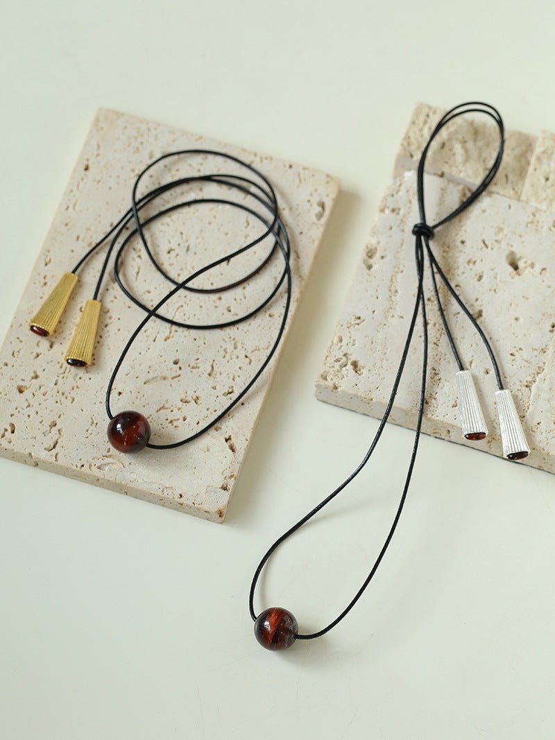 Red Tiger's Eye Pendant Necklace with Black Cord - floysun