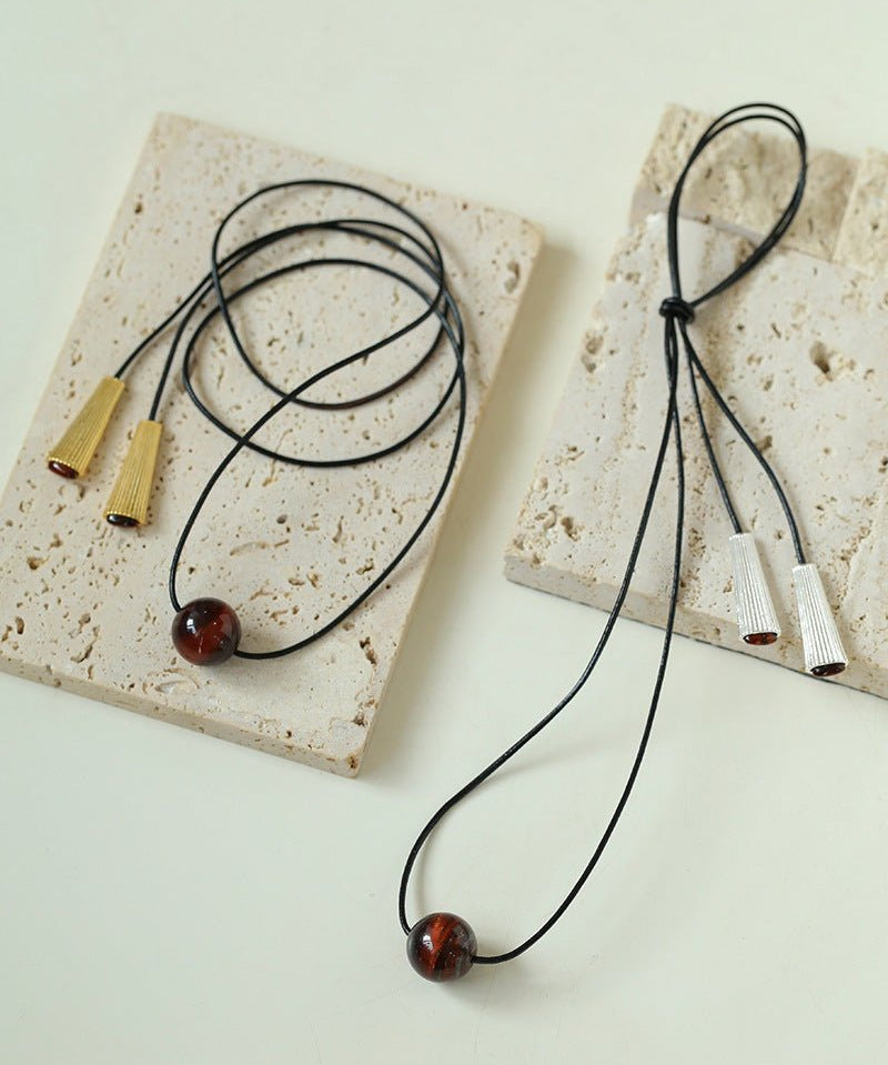 Red Tiger's Eye Pendant Necklace with Black Cord - floysun