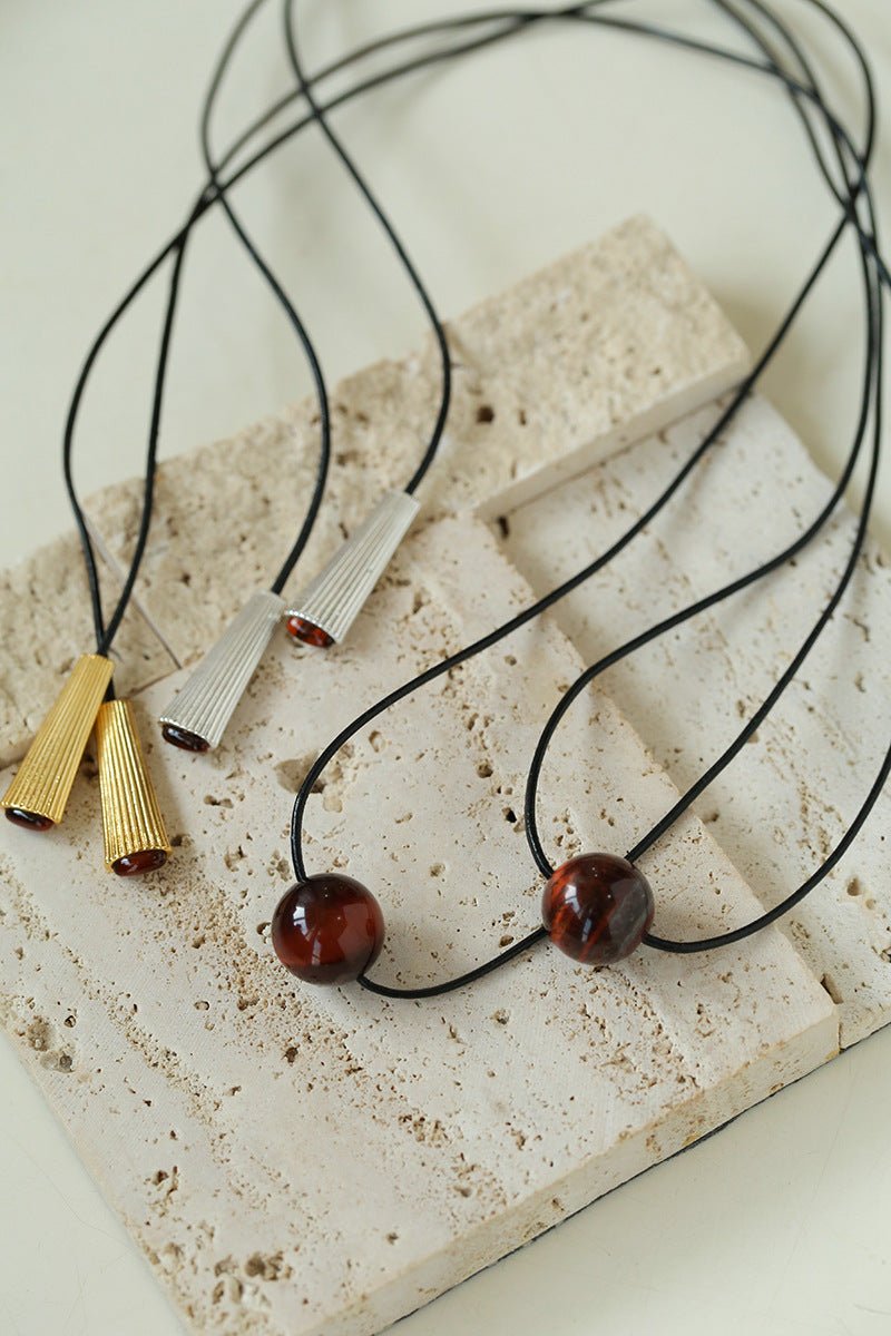 Red Tiger's Eye Pendant Necklace with Black Cord - floysun