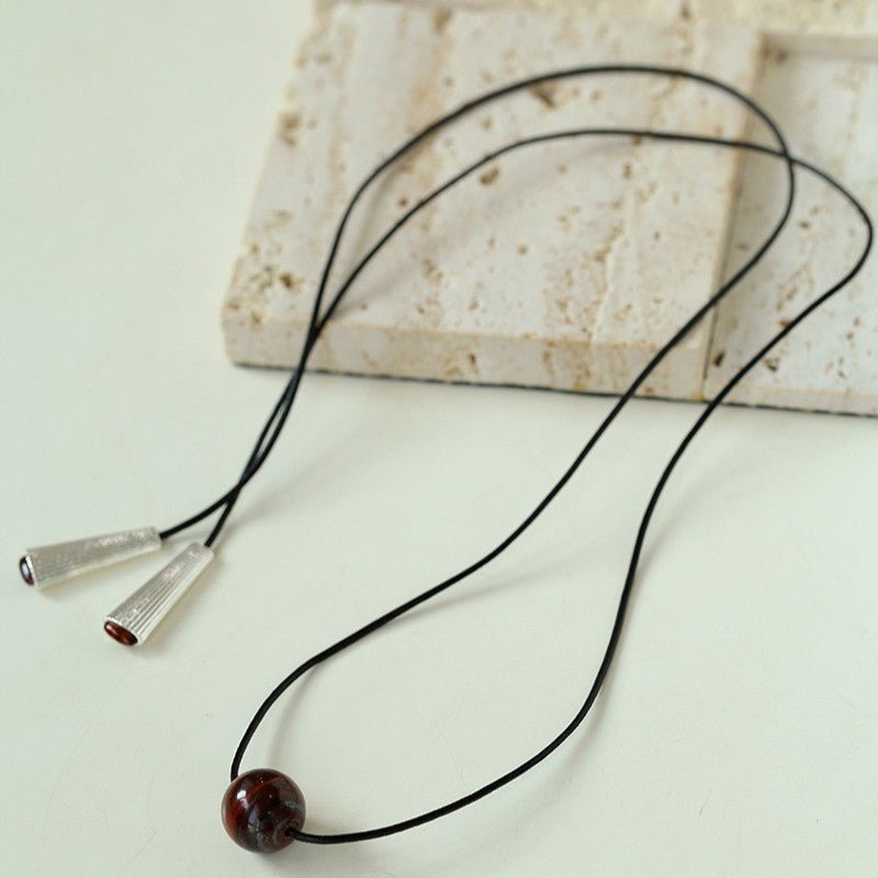 Red Tiger's Eye Pendant Necklace with Black Cord - floysun