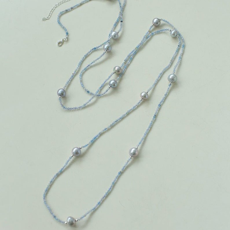 Refreshing Aquamarine Grey Pearl Long Beaded Necklace - floysun